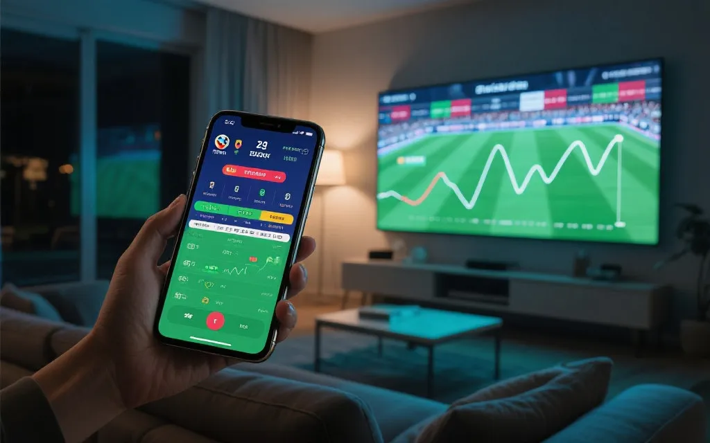 手机屏幕上同时显示实时比分、积分榜与出线概率曲线的观赛场景，夜晚客厅氛围