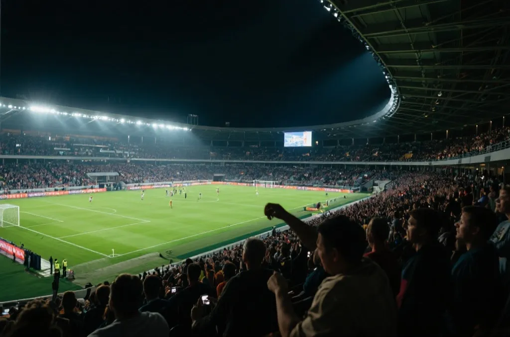 夜晚球场灯光下的世界杯比赛氛围